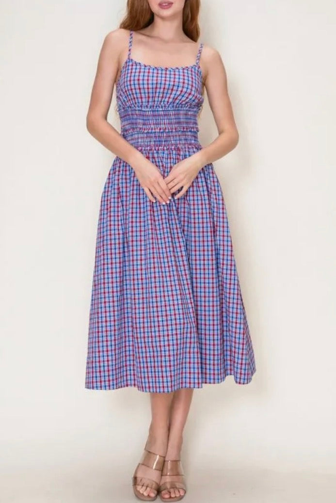 Smocked Waist Gingham Midi Dress