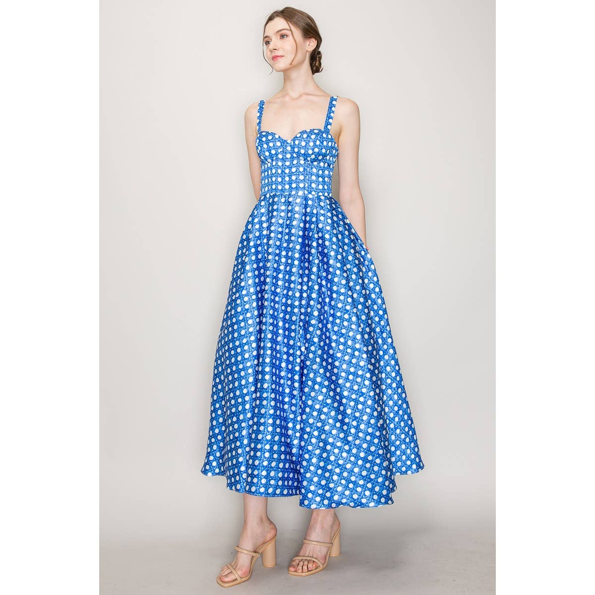 Satin Trellis Print Bustier Flared Midi Dress