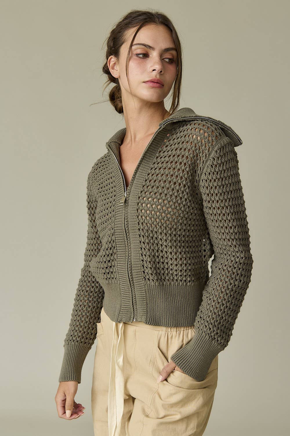 Mila Front Zip Knit Cardigan-L