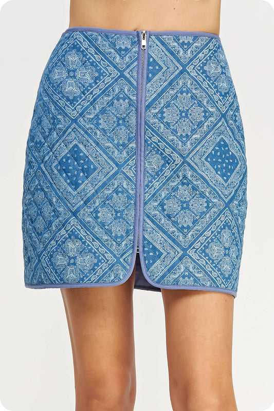 Print Padded Quilt Piping Detail Mini Skirt
