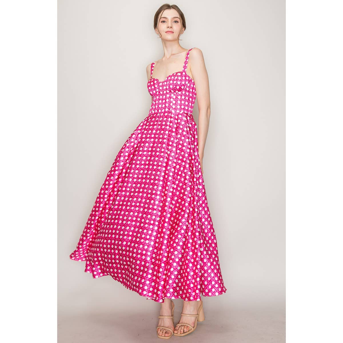 Satin Trellis Print Bustier Flared Midi Dress