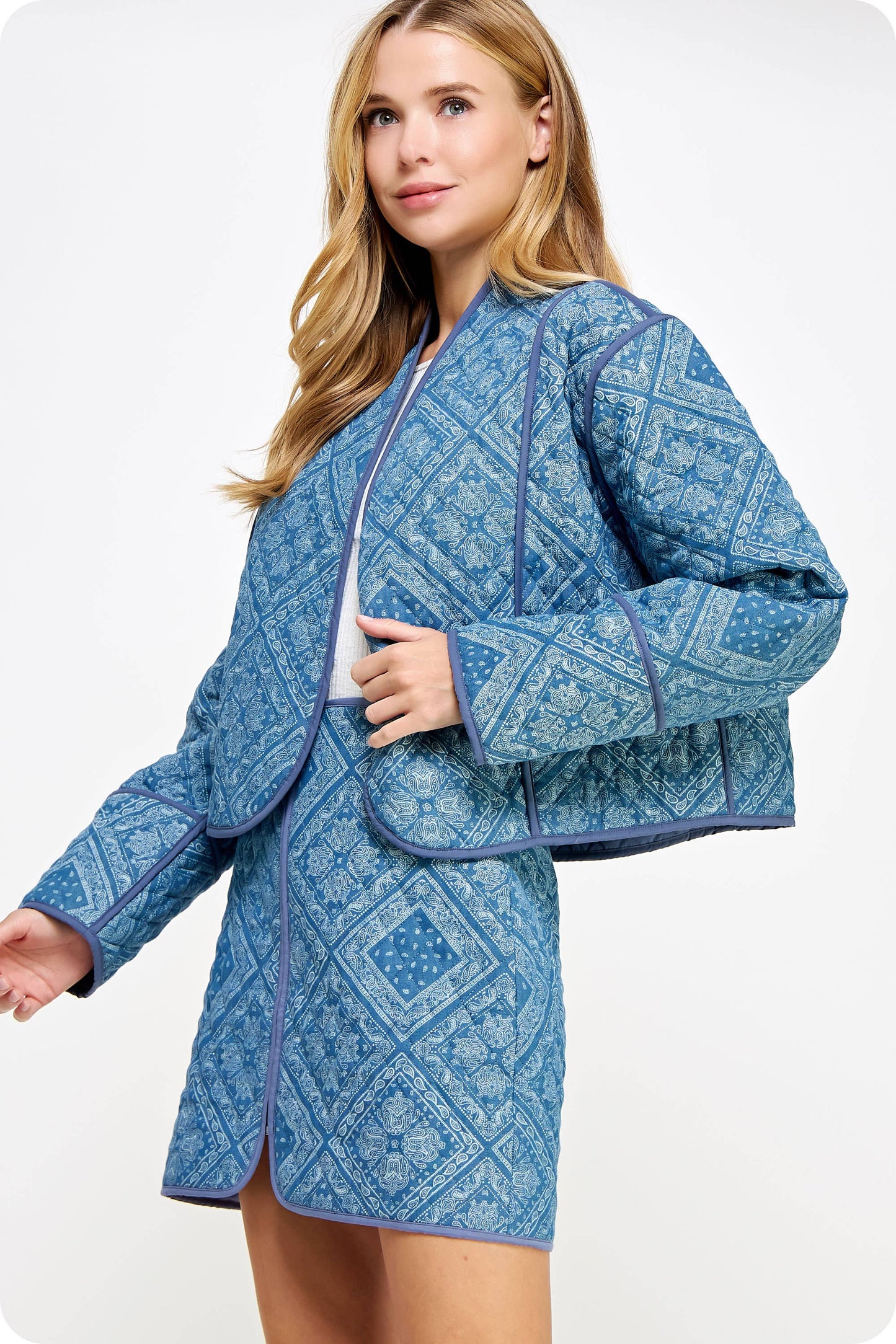 Print Padded Quilt Piping Detail Jacket