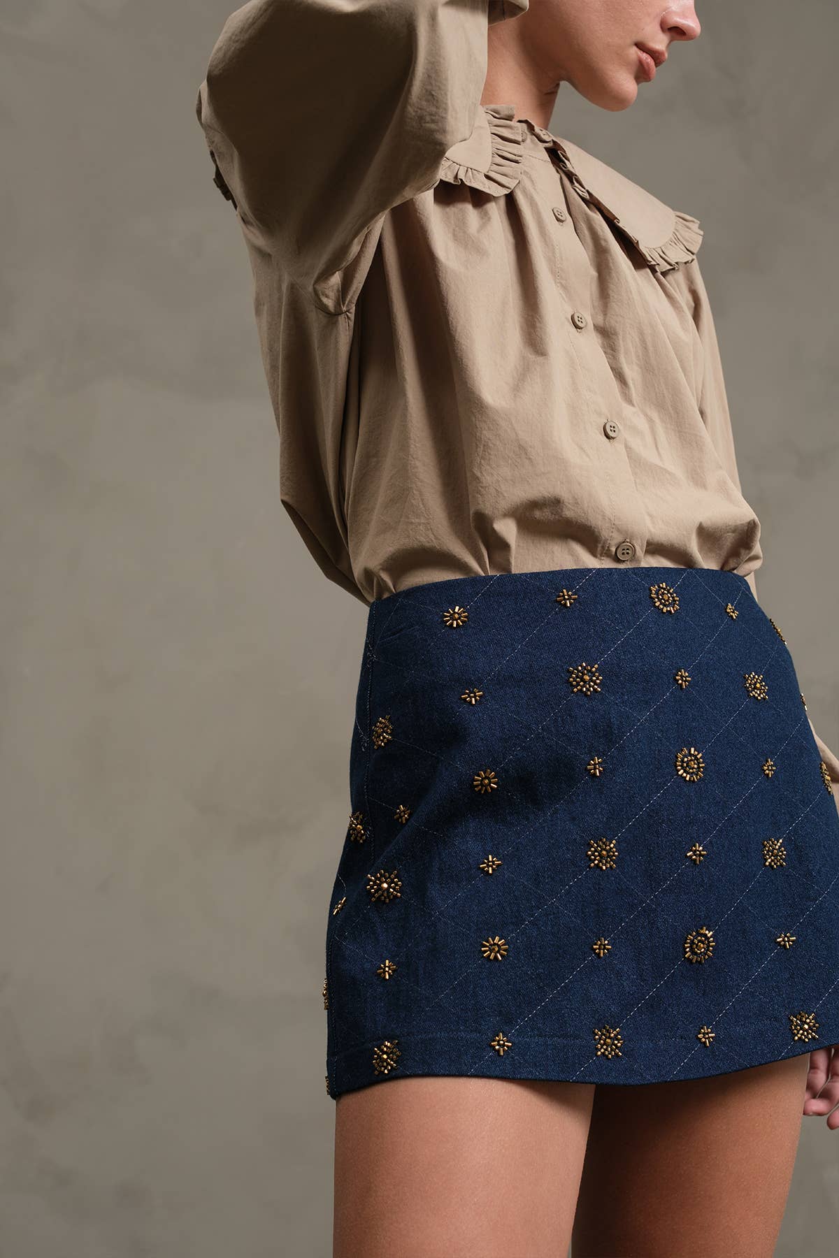 Embellished Quilted Denim Mini Skort
