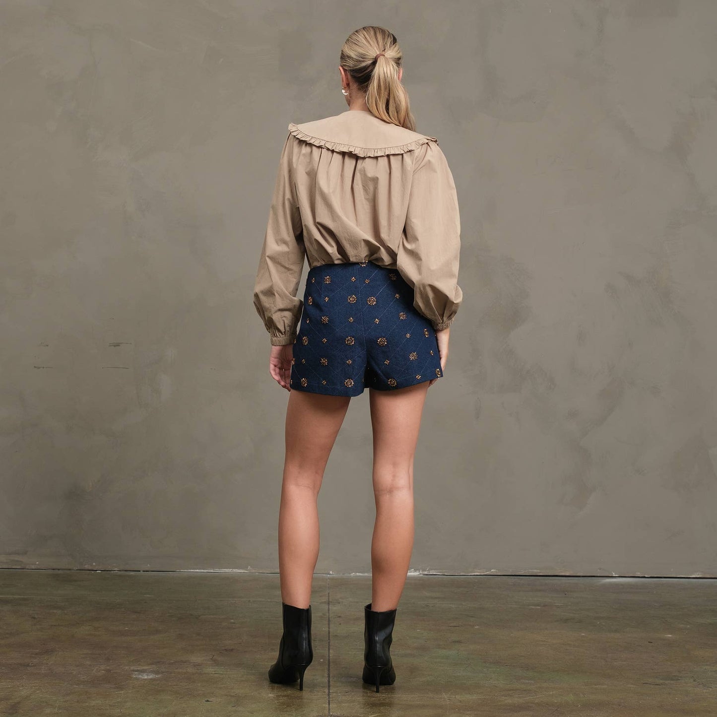Embellished Quilted Denim Mini Skort