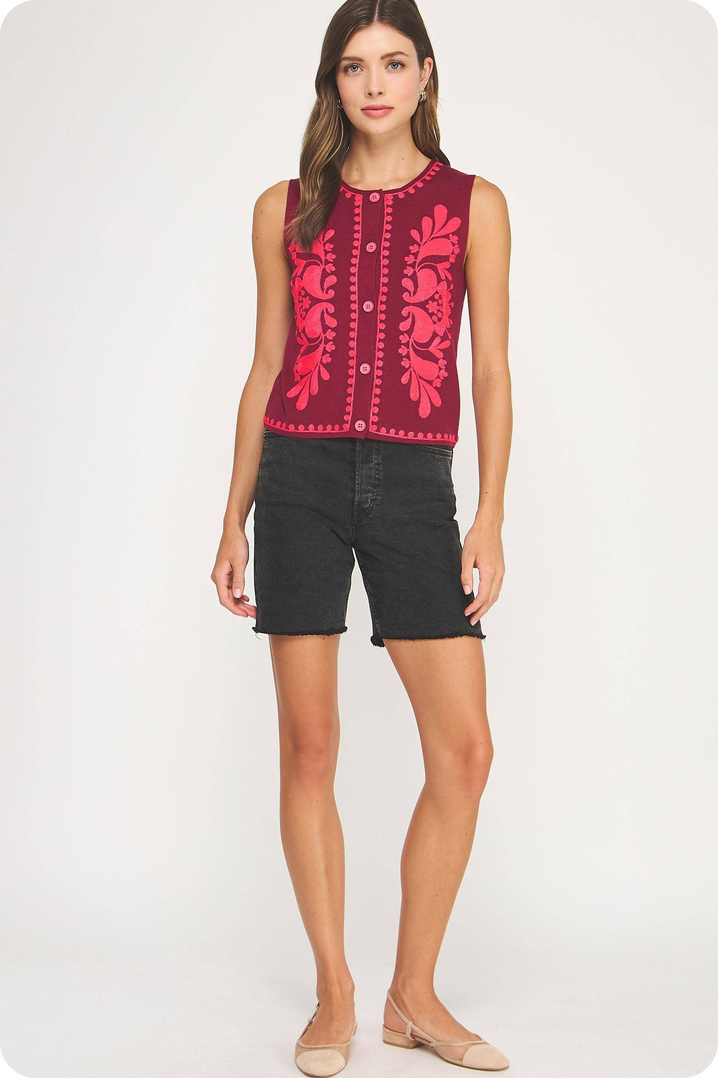 Embroidered Sleeveless Knitted Vest Top