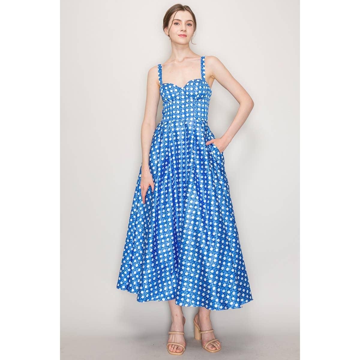 Satin Trellis Print Bustier Flared Midi Dress