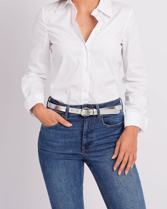 Eva Metallic Skinny Full Grain Leather Belt
