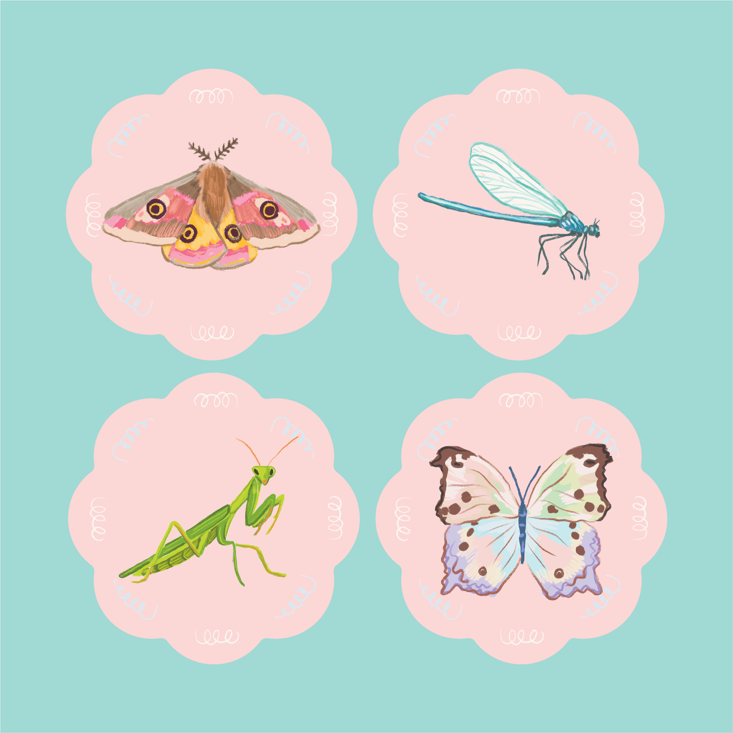 Pink Insect Coaster Set of 4 Acrylic Coasters
