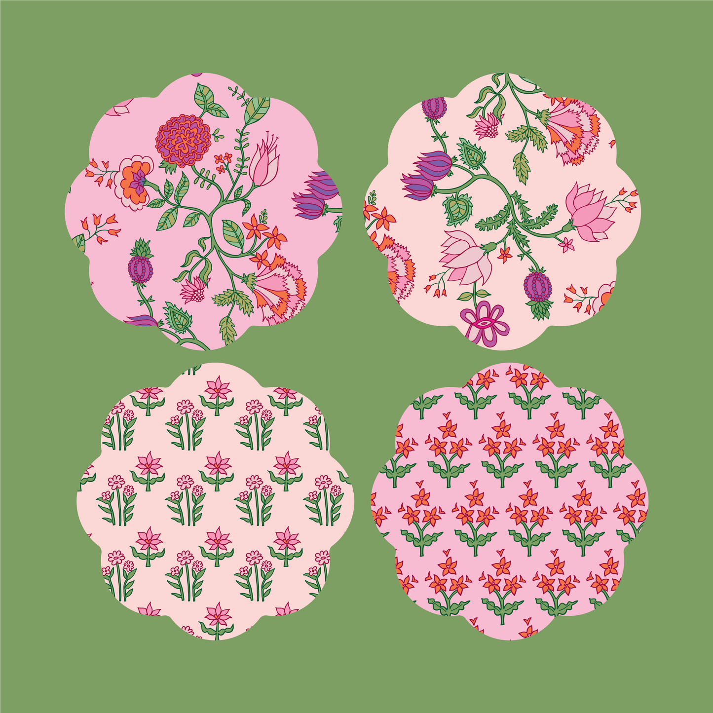 Pink Block Print Coaster Set of 4 Acrylic Coasters
