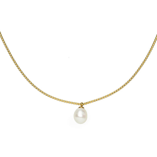Gold Box Chain Pearl Necklace