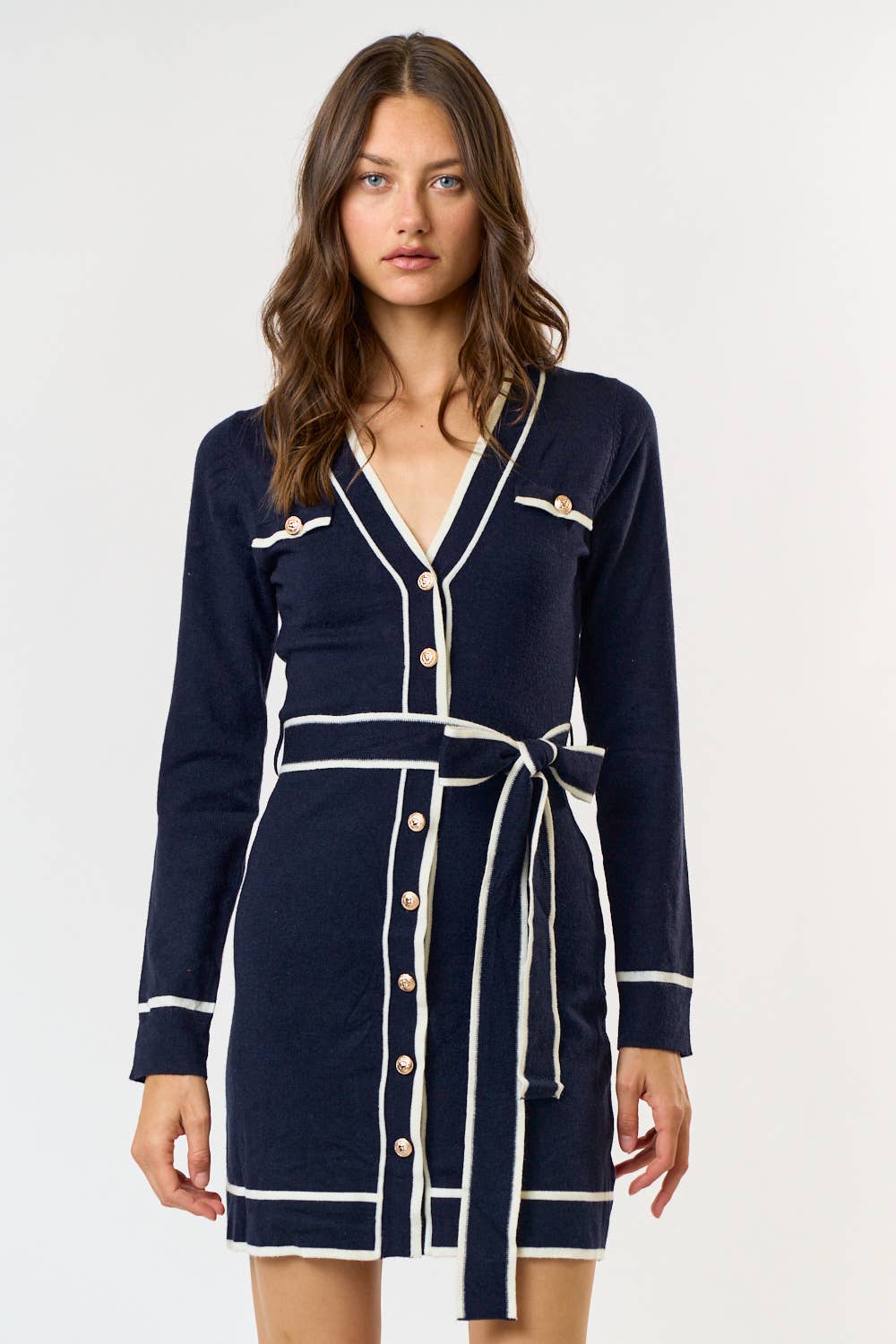 Navy Belted Sweater Dress