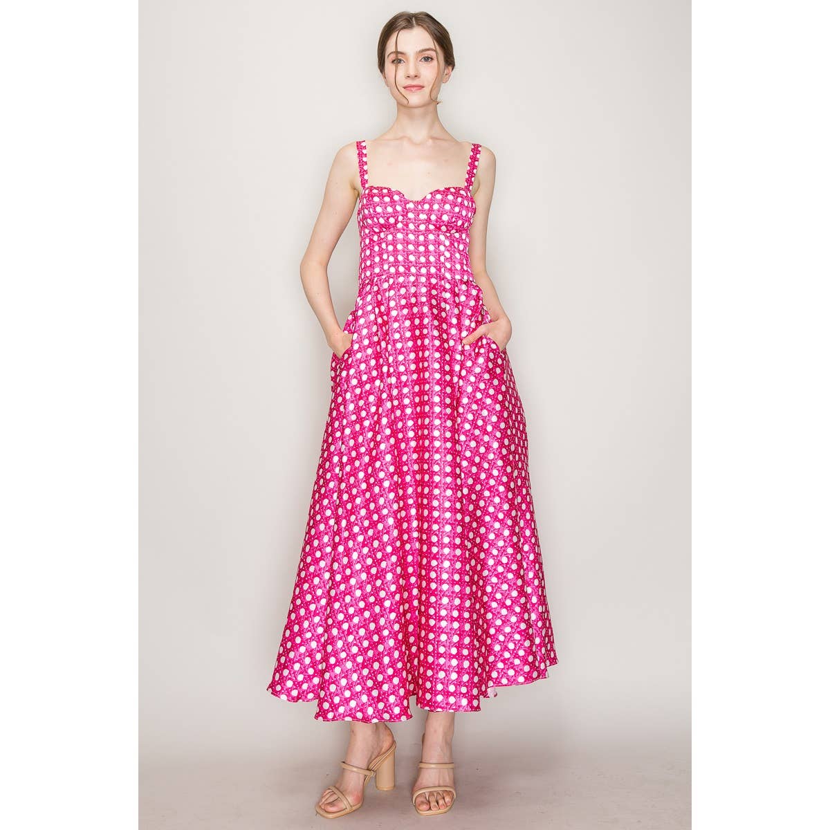 Satin Trellis Print Bustier Flared Midi Dress