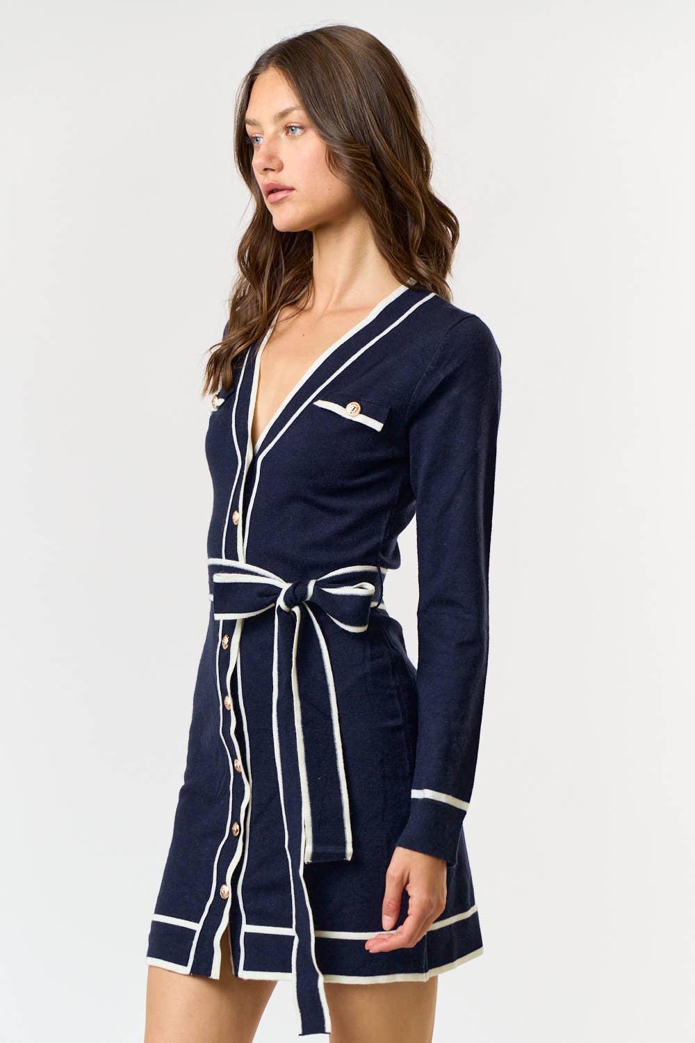 Navy Belted Sweater Dress