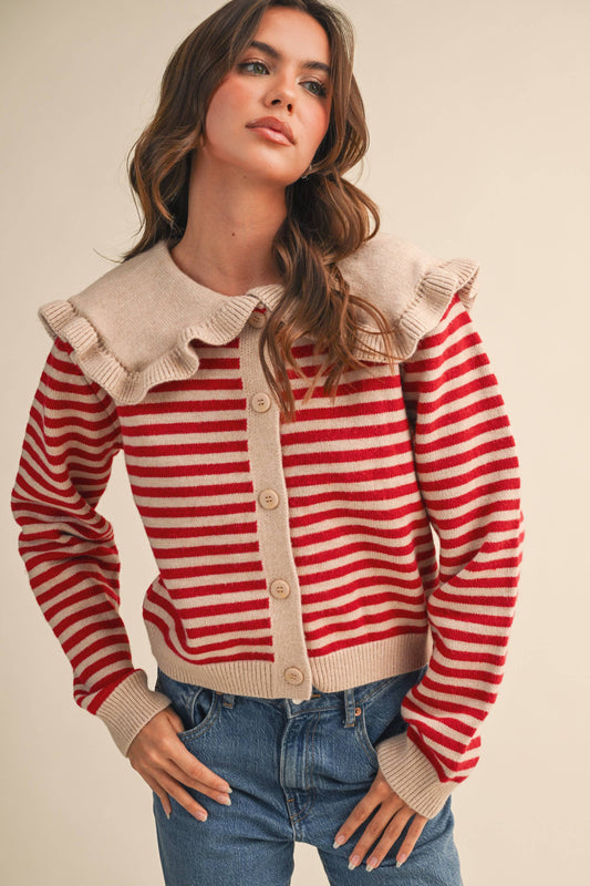 Ruffle Collar Stripe Cardigan