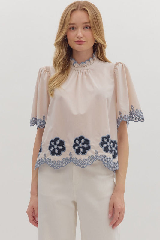 Eyelet Ruffle Collar Top