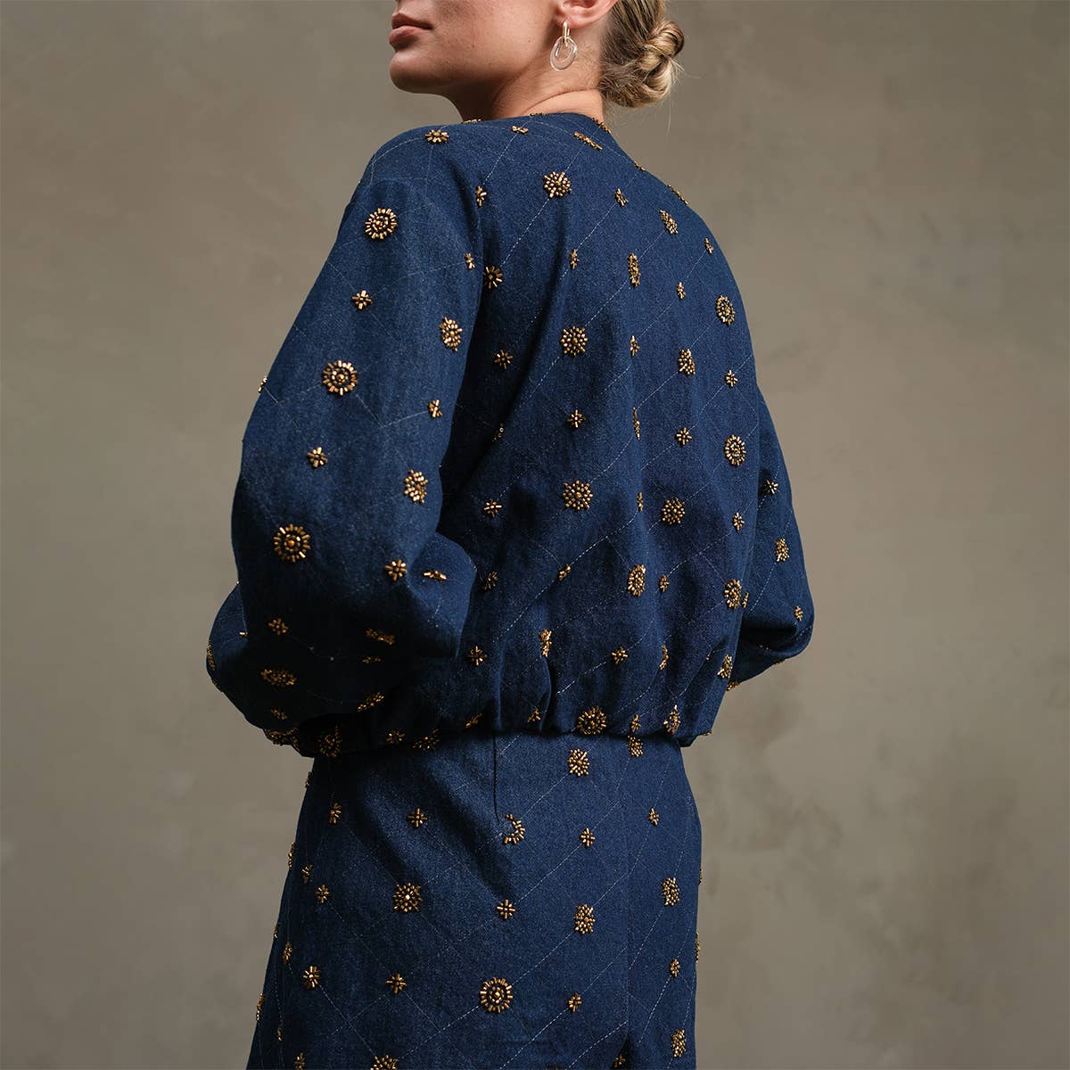 Embellished Quilted Denim Bomber Jacket