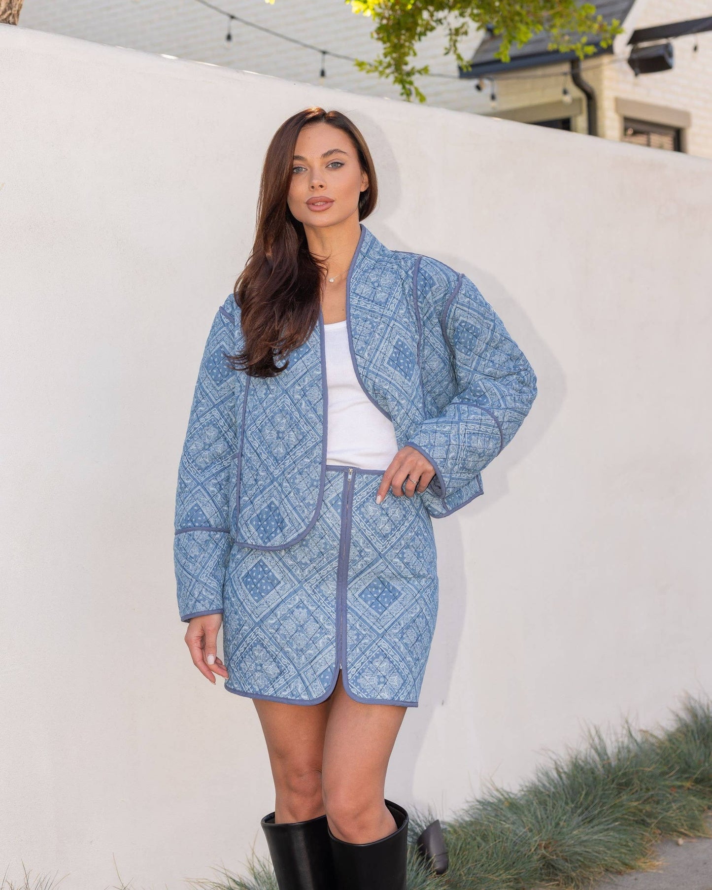 Print Padded Quilt Piping Detail Mini Skirt