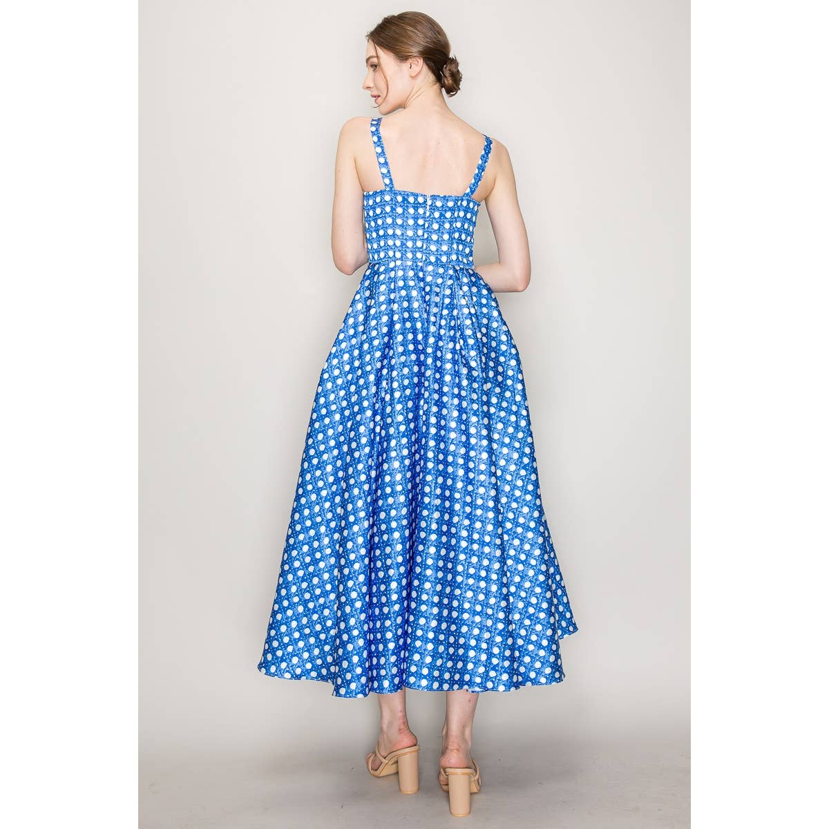 Satin Trellis Print Bustier Flared Midi Dress