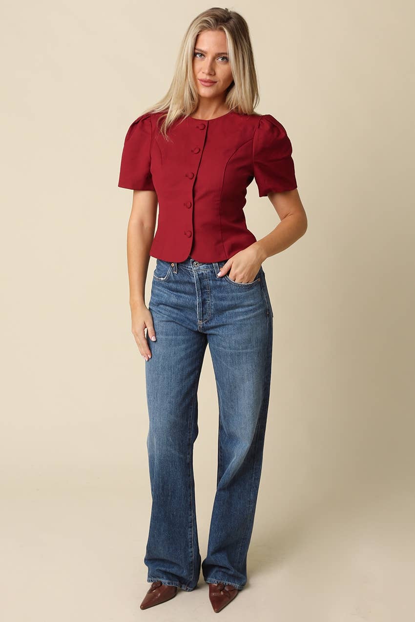 Cora Puff Sleeve Button-Front Blouse