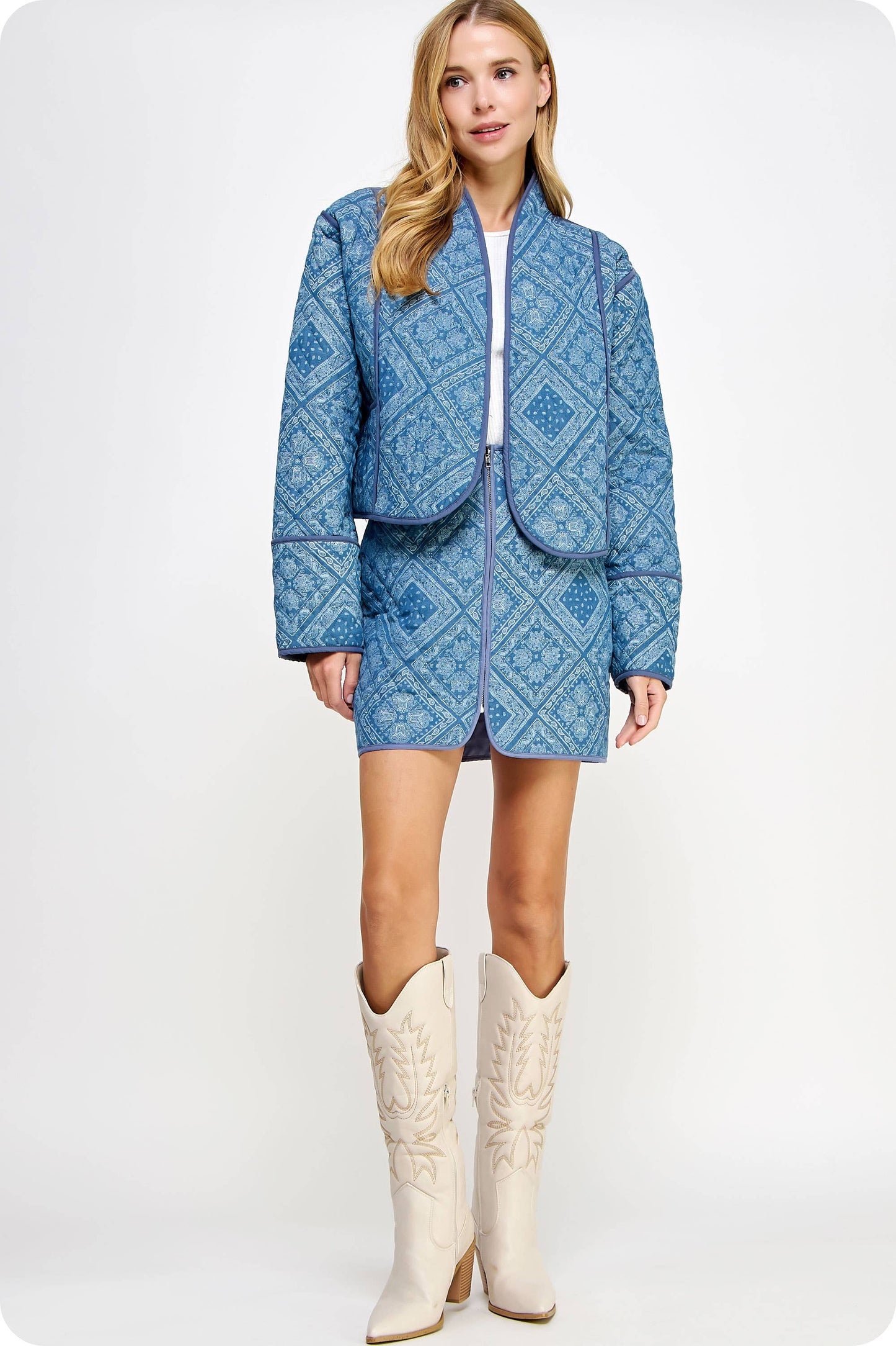 Print Padded Quilt Piping Detail Jacket