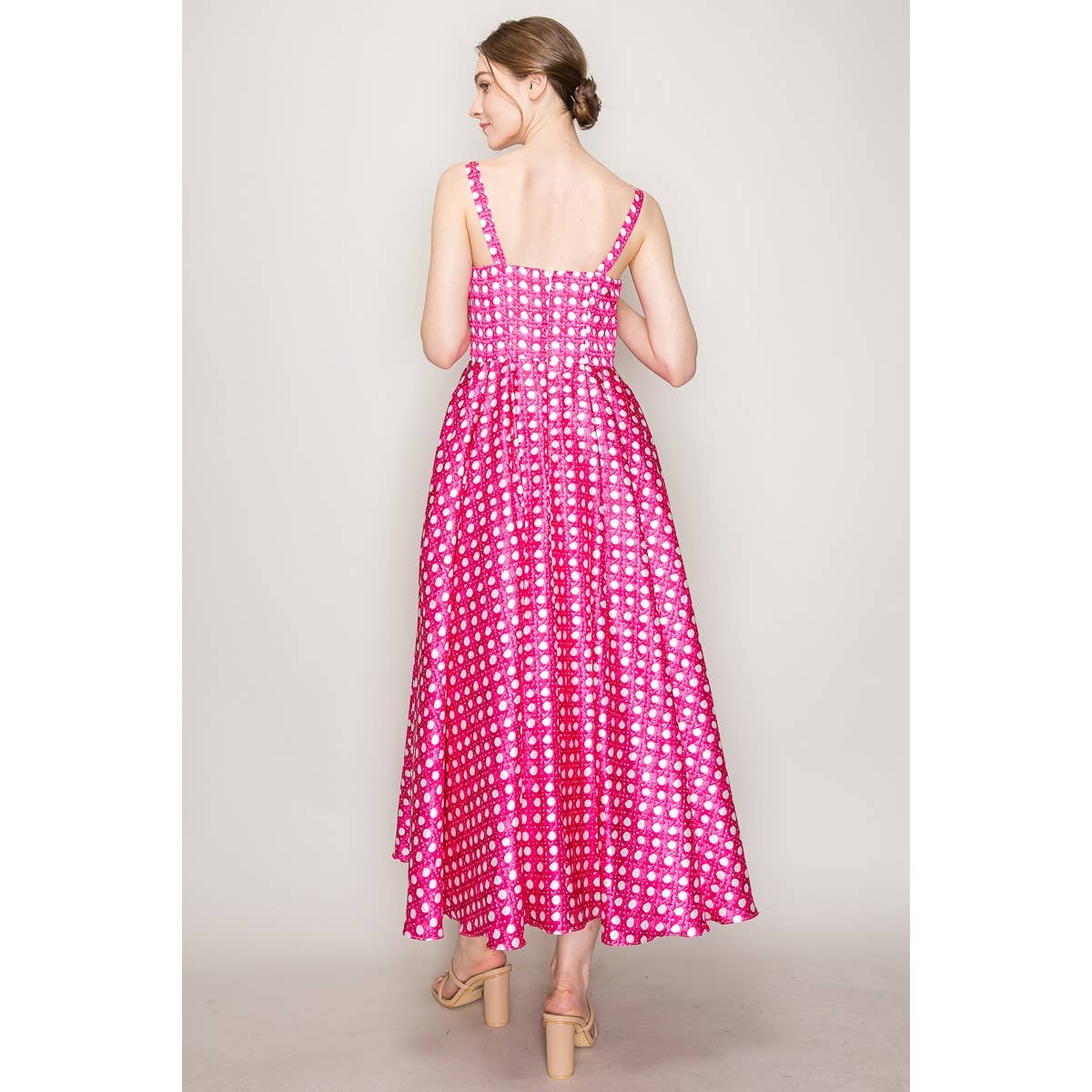 Satin Trellis Print Bustier Flared Midi Dress