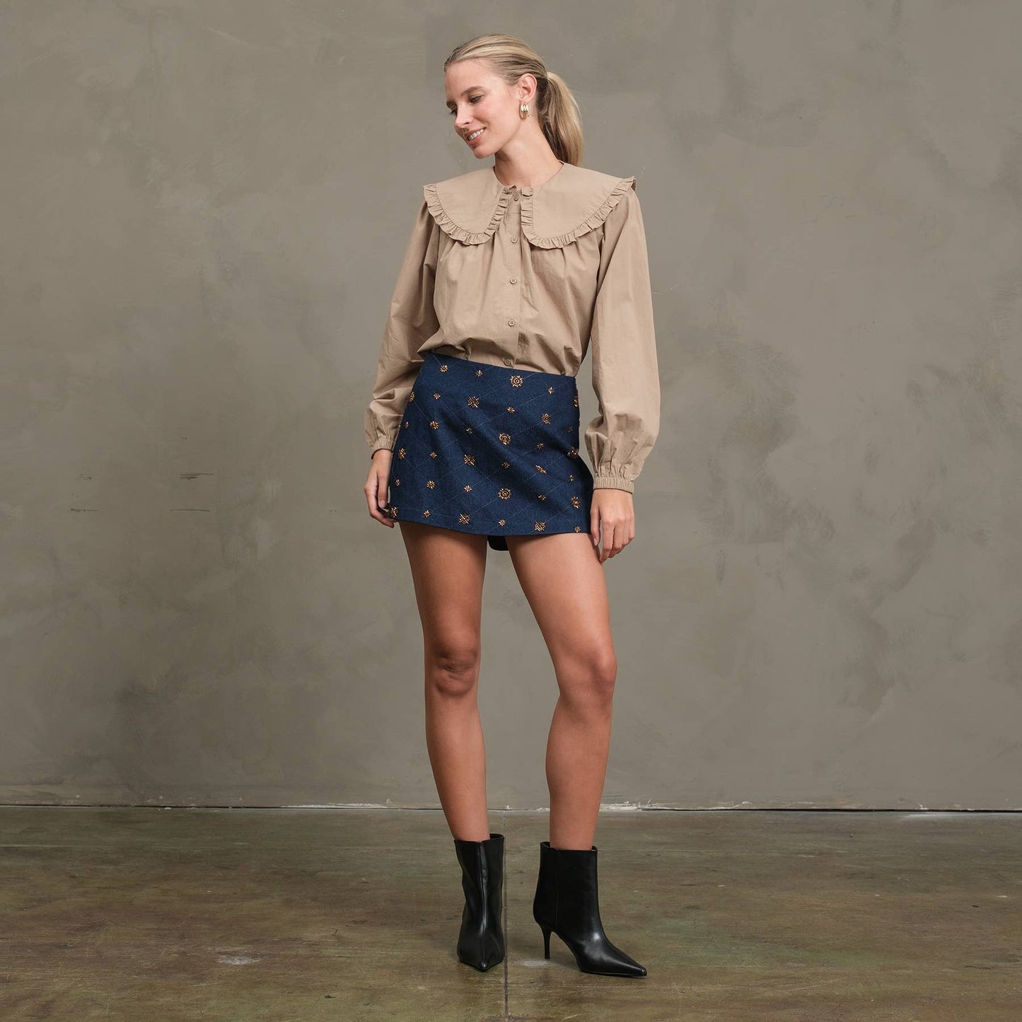 Embellished Quilted Denim Mini Skort