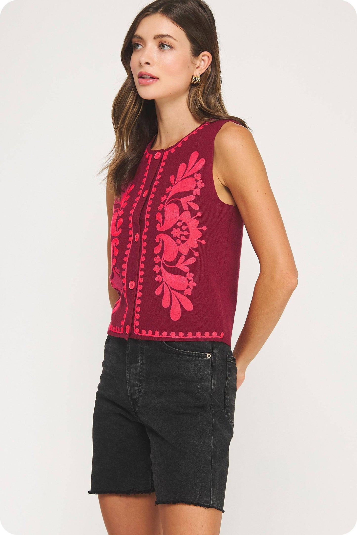 Embroidered Sleeveless Knitted Vest Top