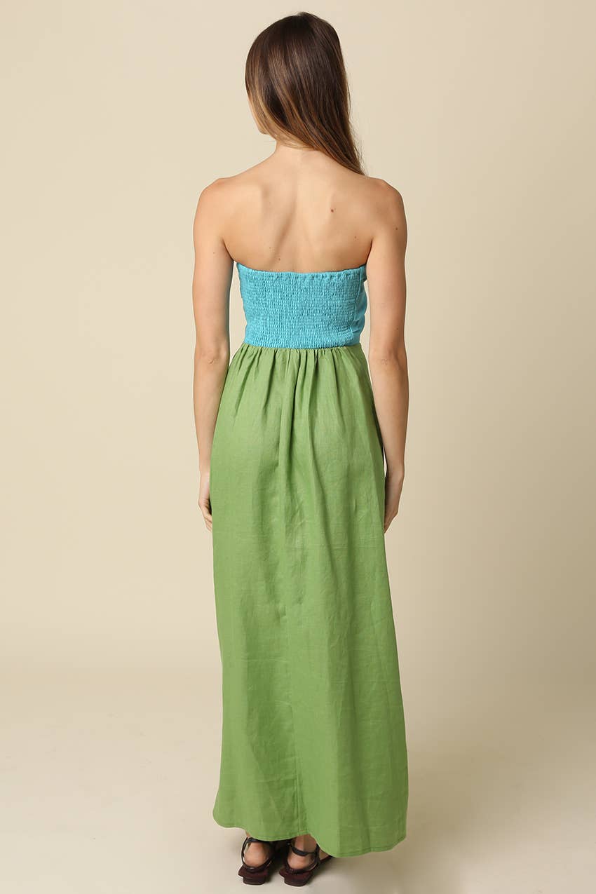 Contrast Strapless Linen Maxi Dress
