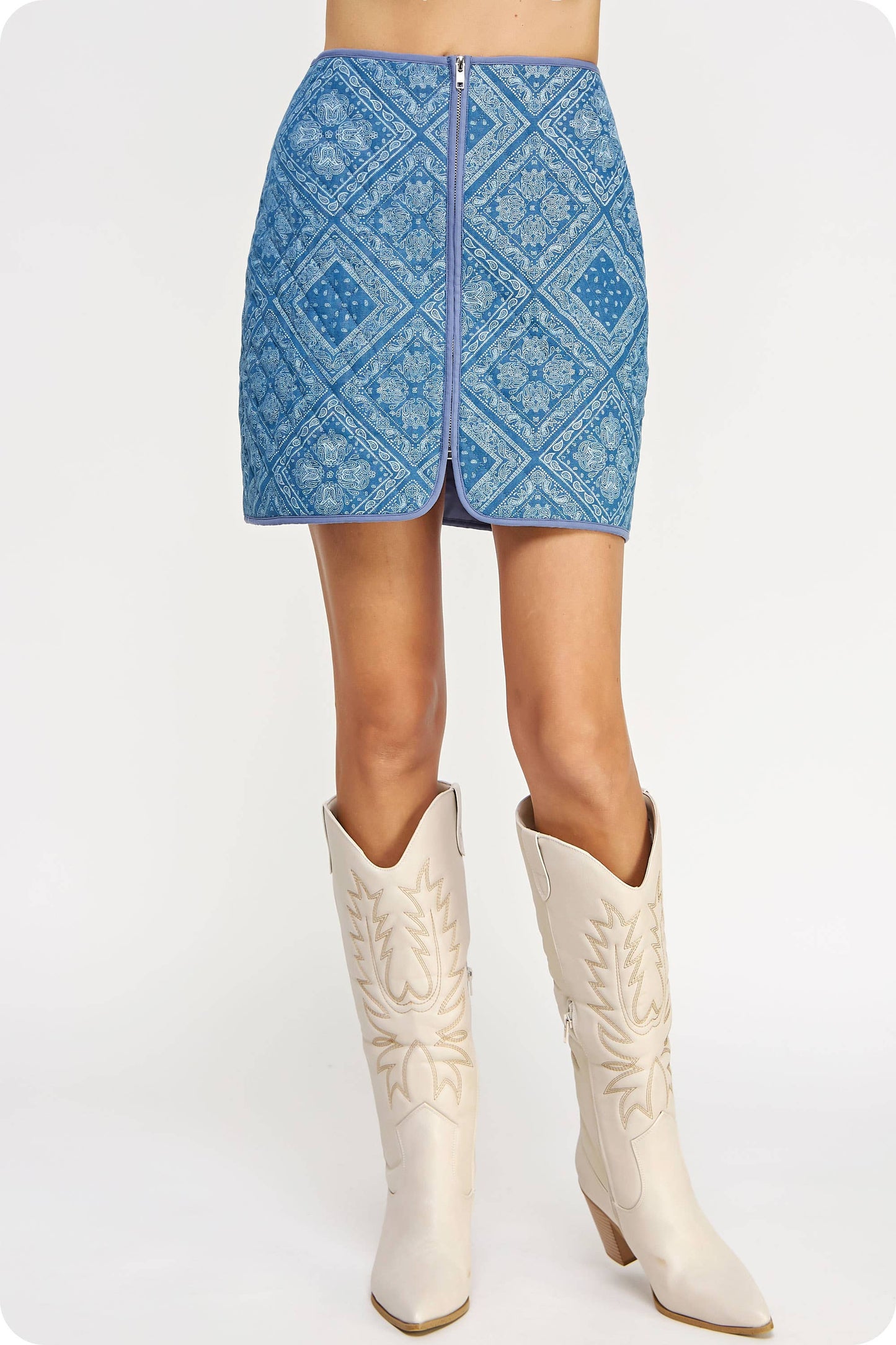 Print Padded Quilt Piping Detail Mini Skirt