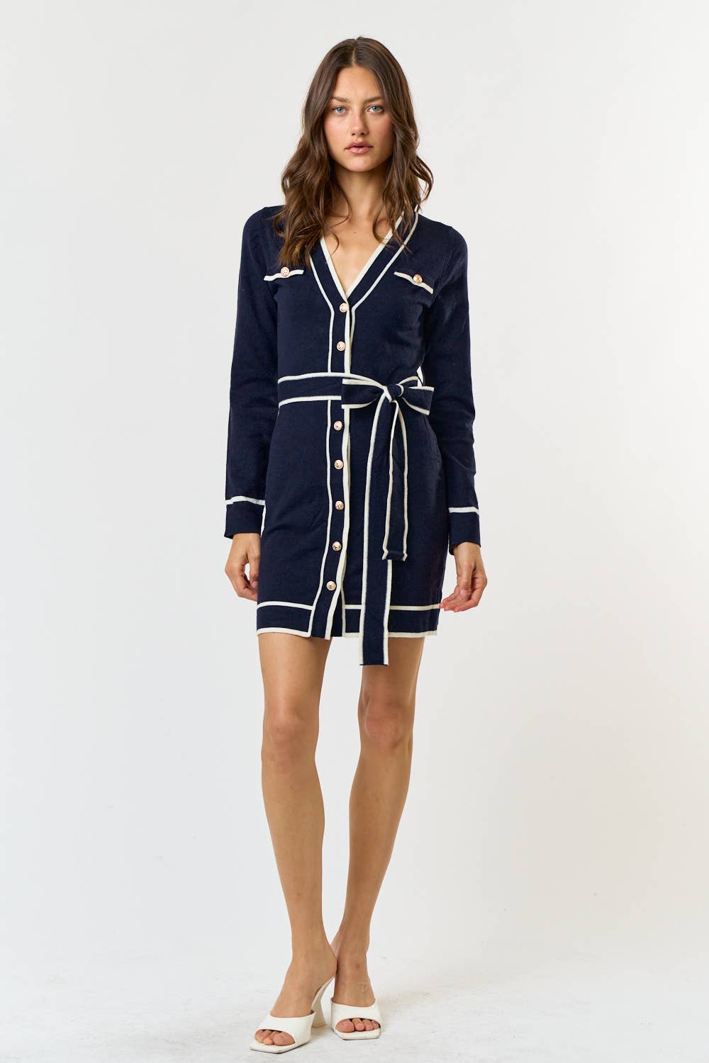 Navy Belted Sweater Dress