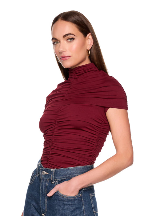 Mock Neck Overlay Gathered Top in Oxblood