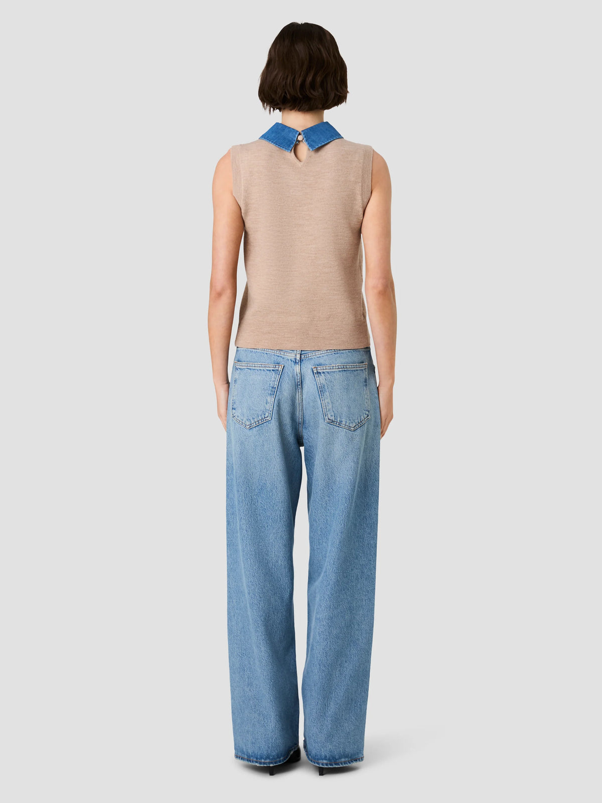 Taupe Knit Top with Denim Collar
