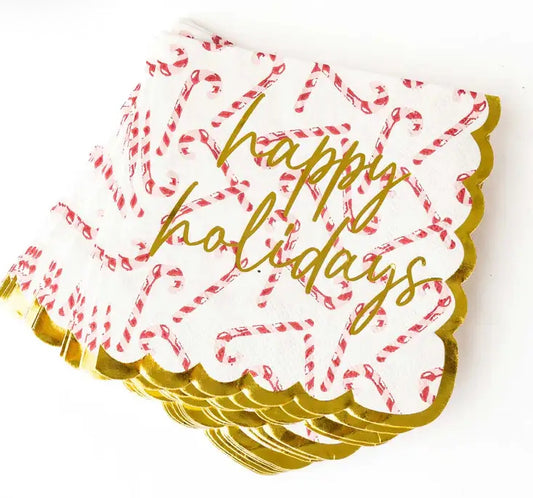 Happy Holidays Gold Scallop Cocktail Napkins