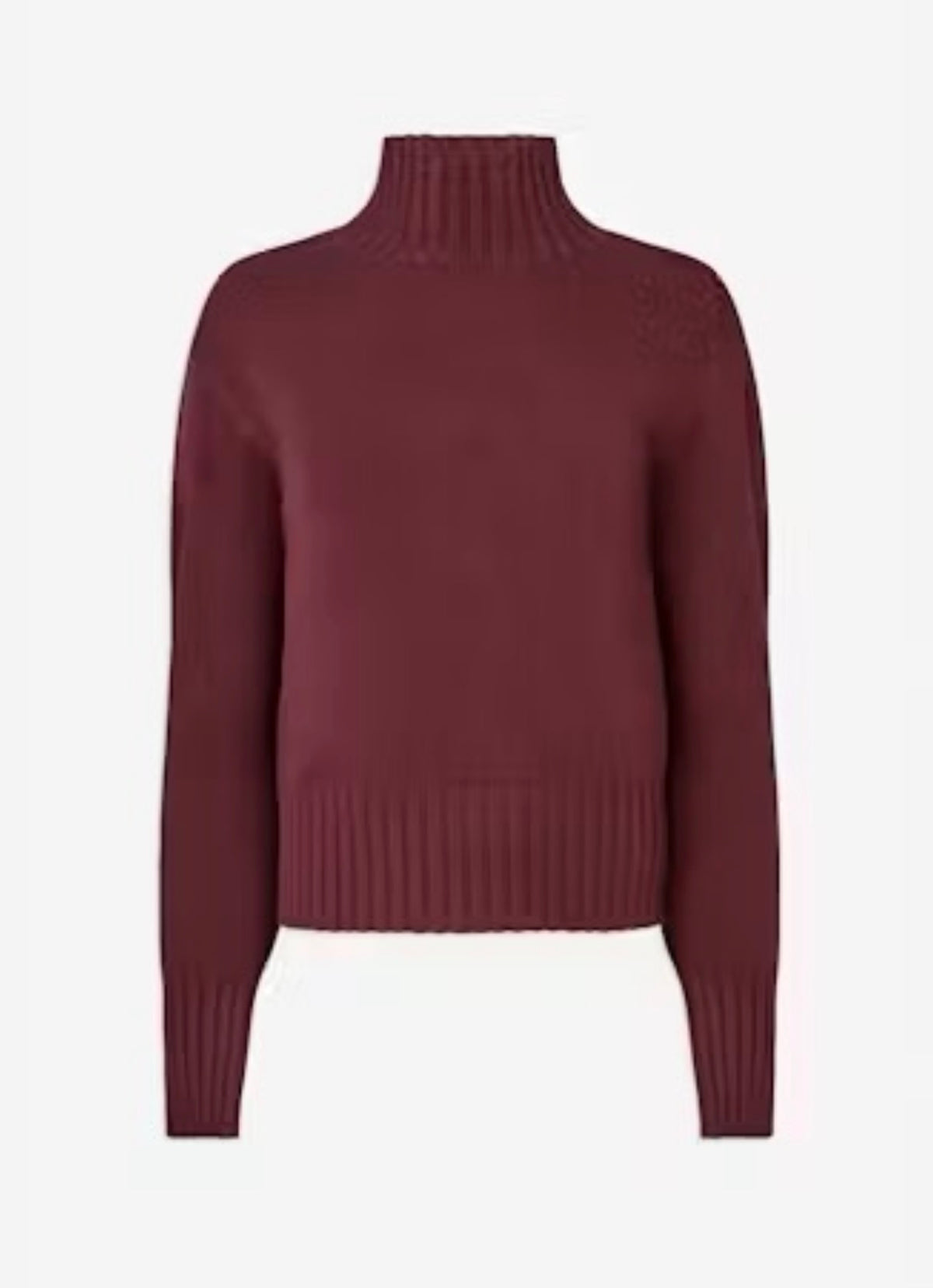A cropped ribbed-knit turtleneck sweater in a deep burgundy or maroon color, shown against a plain light gray background.