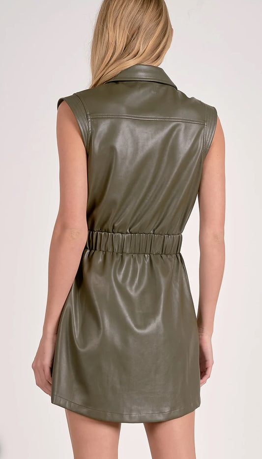 Olive Leather Sleeveless Dress