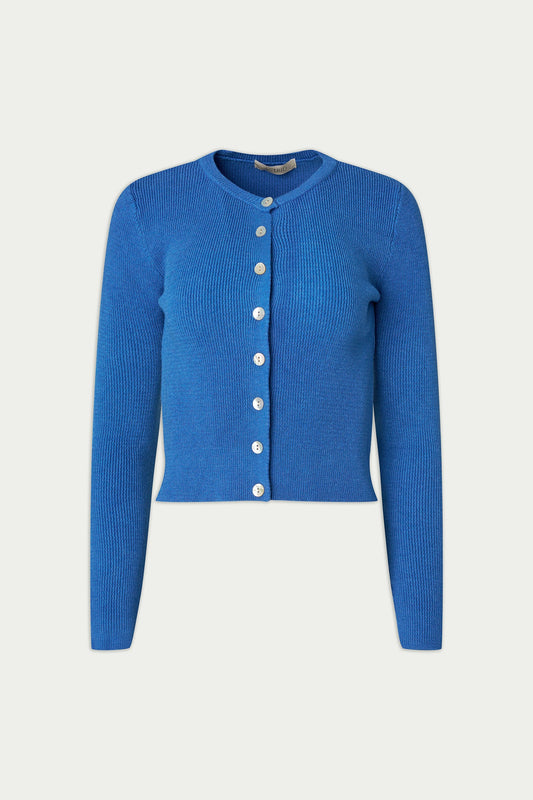 Blue cardigan with white buttons on a light gray background