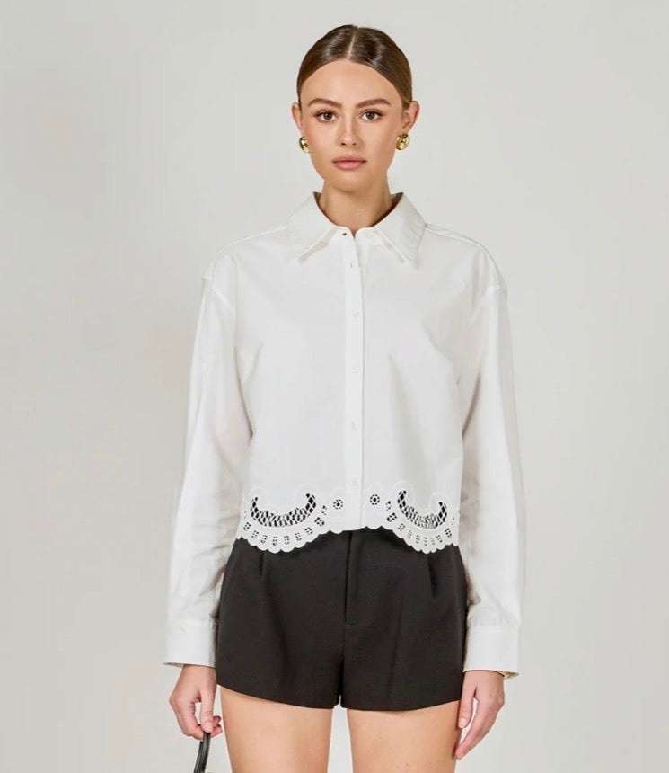 White Embroidered Button Up Top