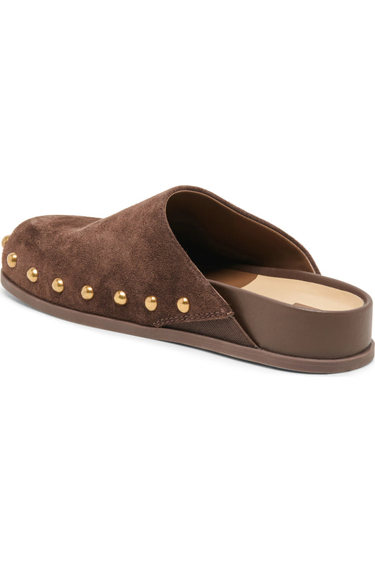 A single brown suede mule slipper with gold-tone metal studs along the toe edge, shown from a side angle on a white background.