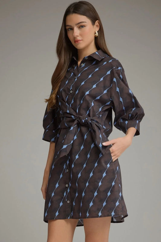 A woman modeling a dark brown button-up shirt dress with a light blue geometric pattern and a matching tie waist belt, set against a plain gray studio background.