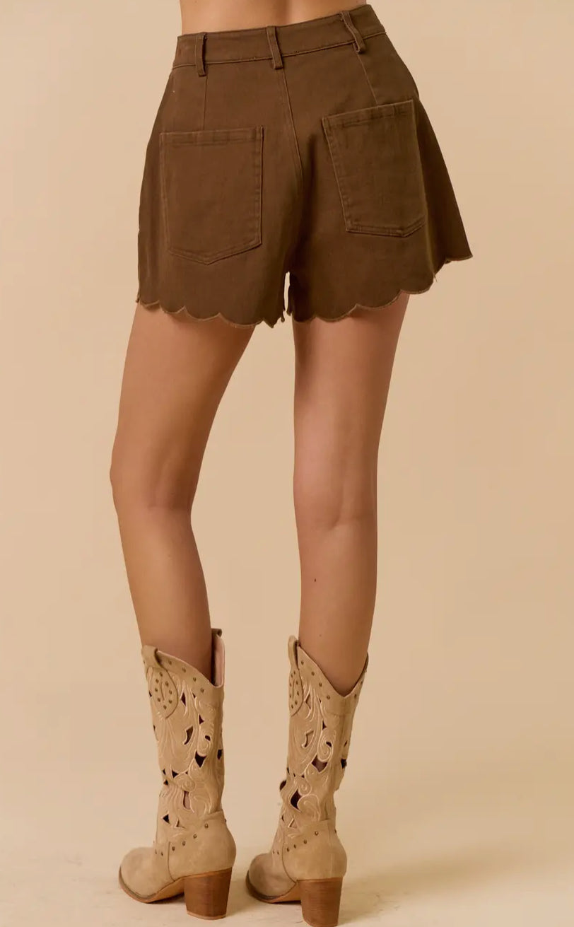 Embroidered Scalloped Brown Shorts