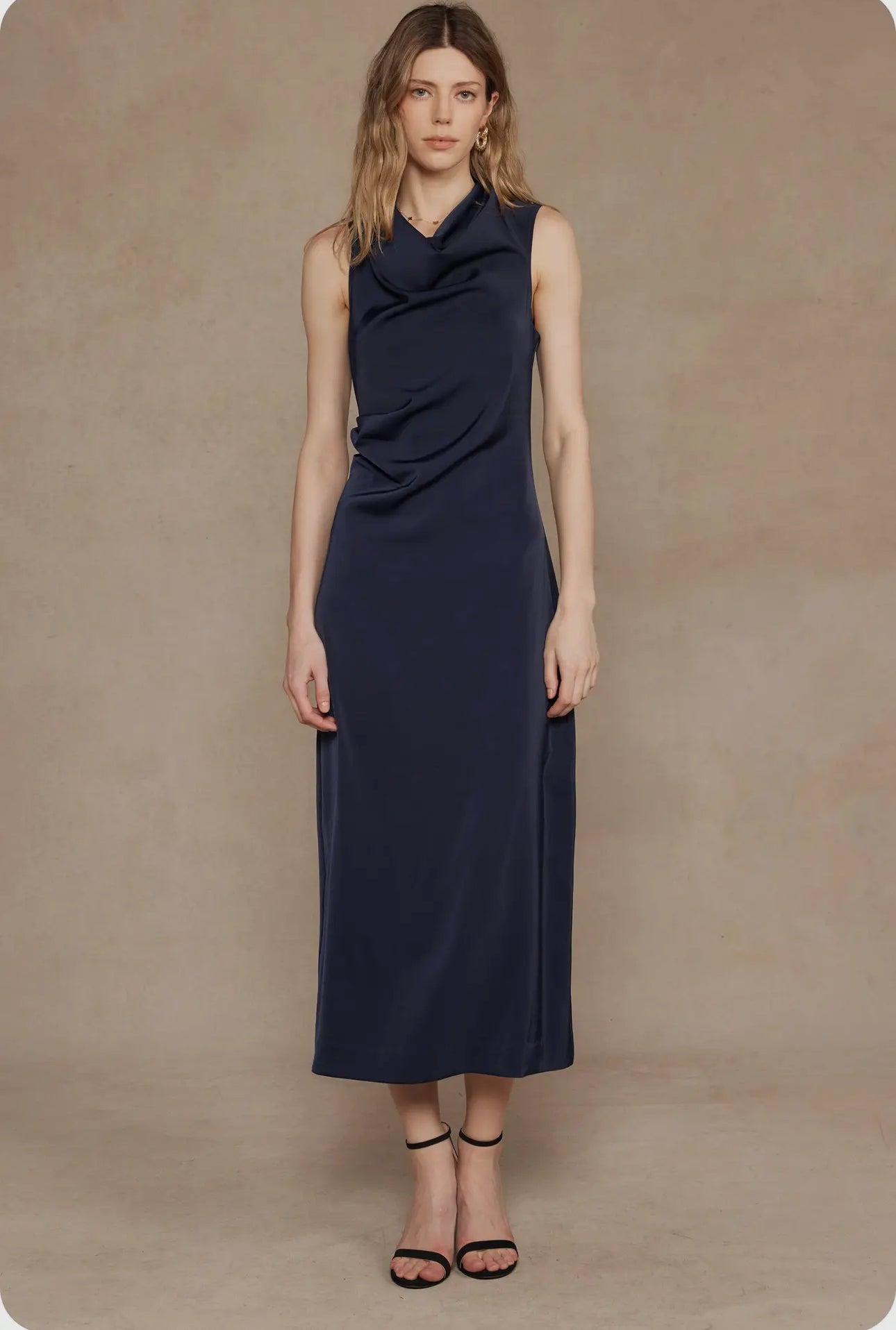 Navy Draped Satin Dress