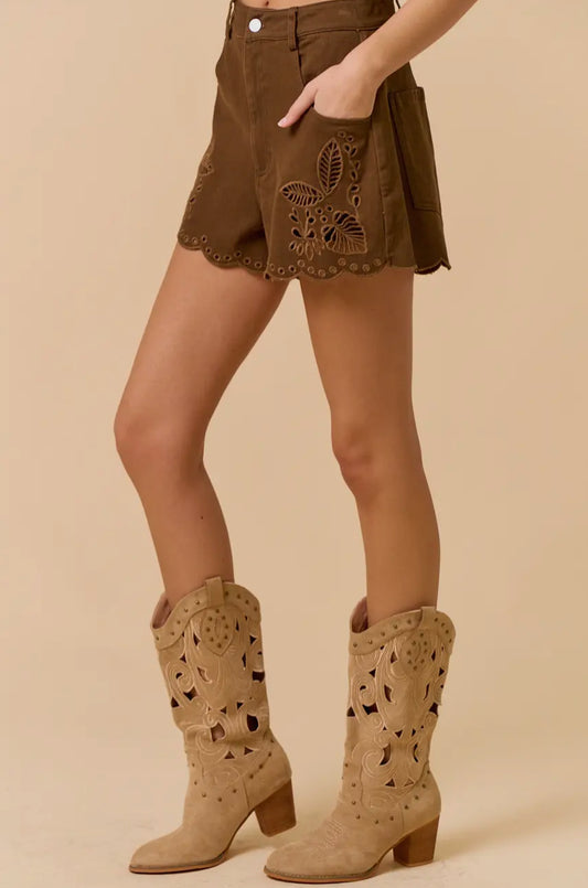 Embroidered Scalloped Brown Shorts