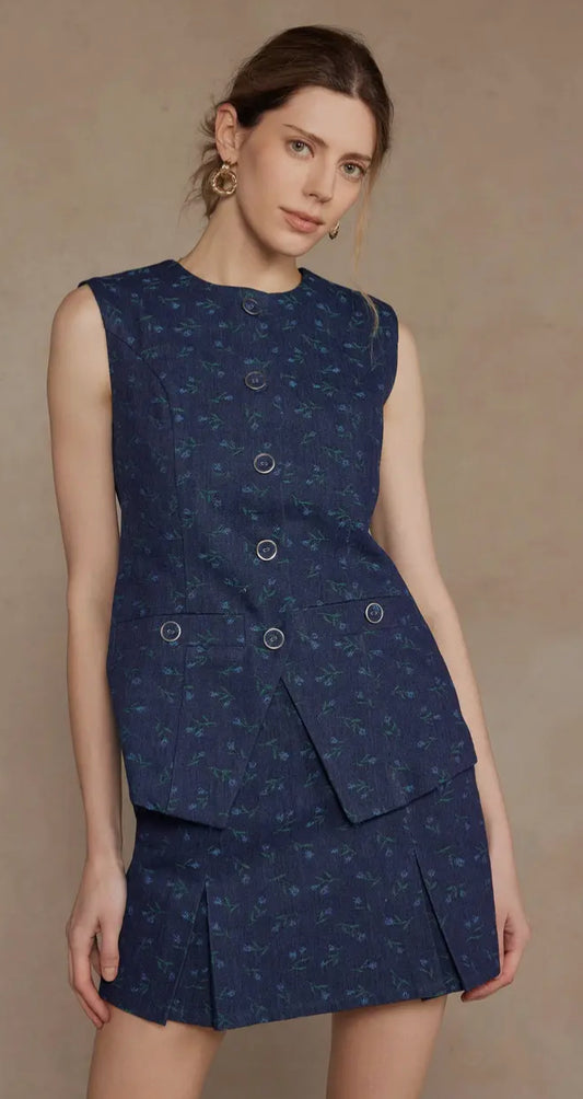 Floral Embroidered Vest in Blue