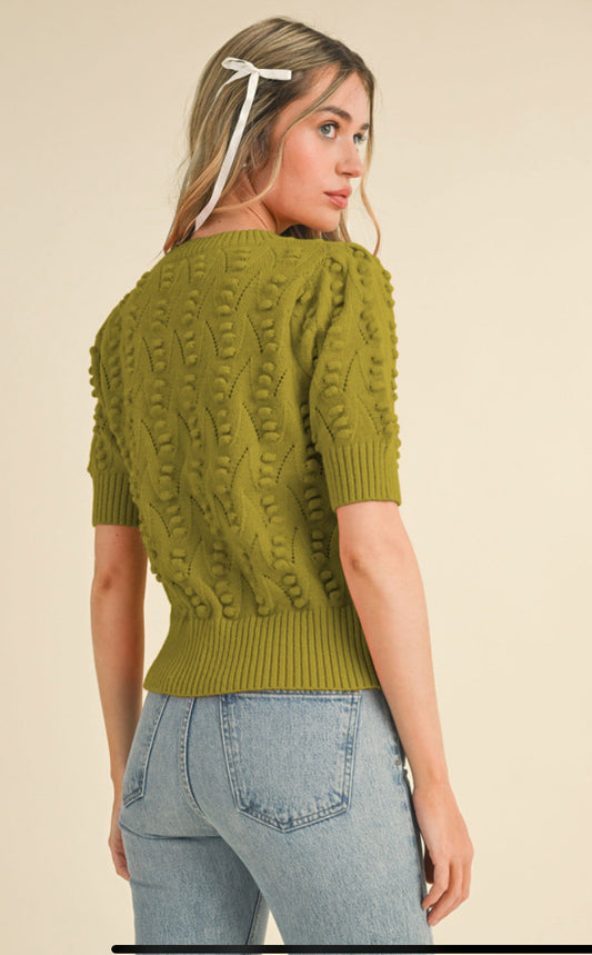 Knit Short Sleeve Sweater in Golden Kiwi-L