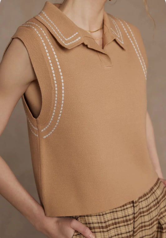 Sleeveless Collared Stitch Hem Top