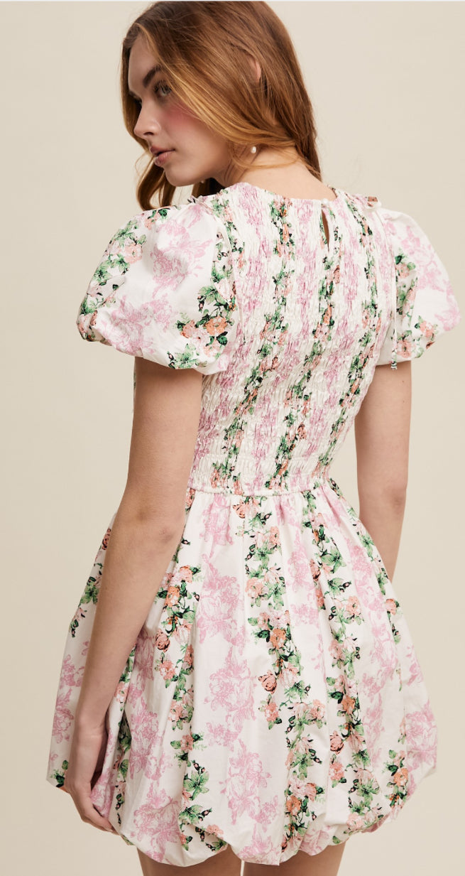 Pink Floral Smocked Puff Sleeve Dress
