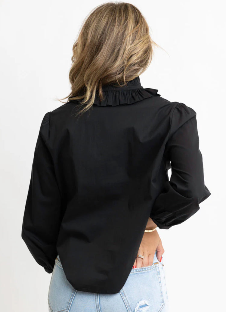 Black Poplin Ruffle Neck Top