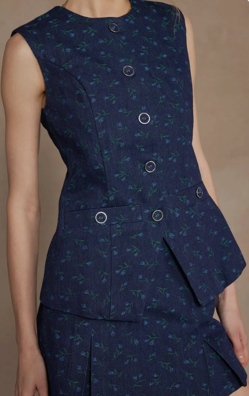 Floral Embroidered Vest in Blue