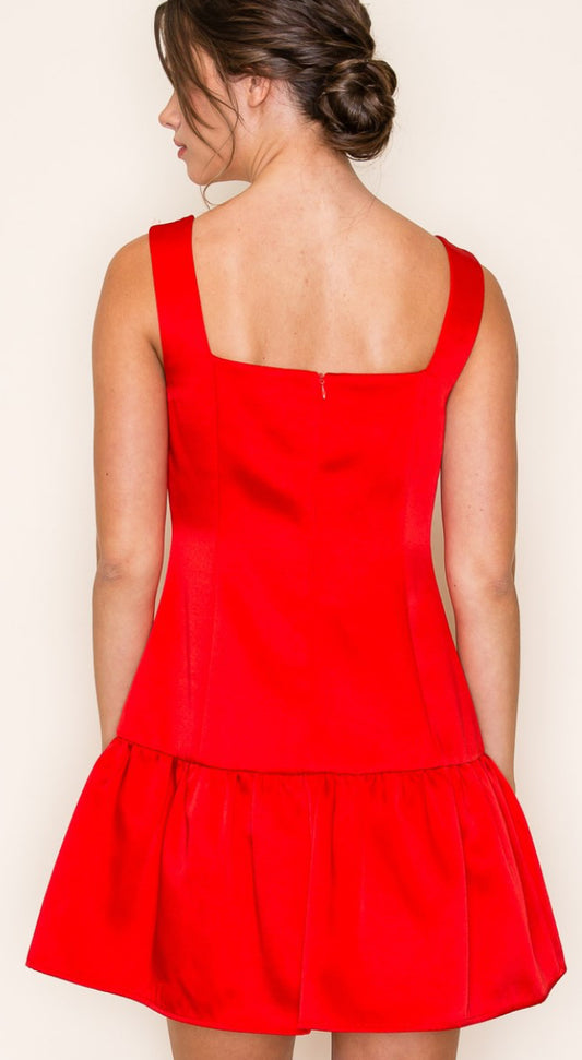 Satin Drop Waist Mini Dress in Red