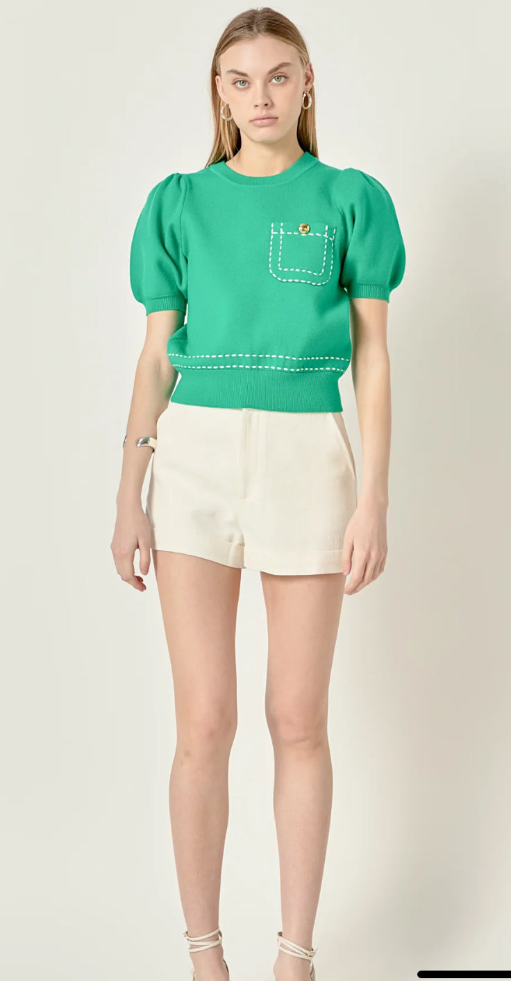 Puff Sleeve Stitch Detail Top